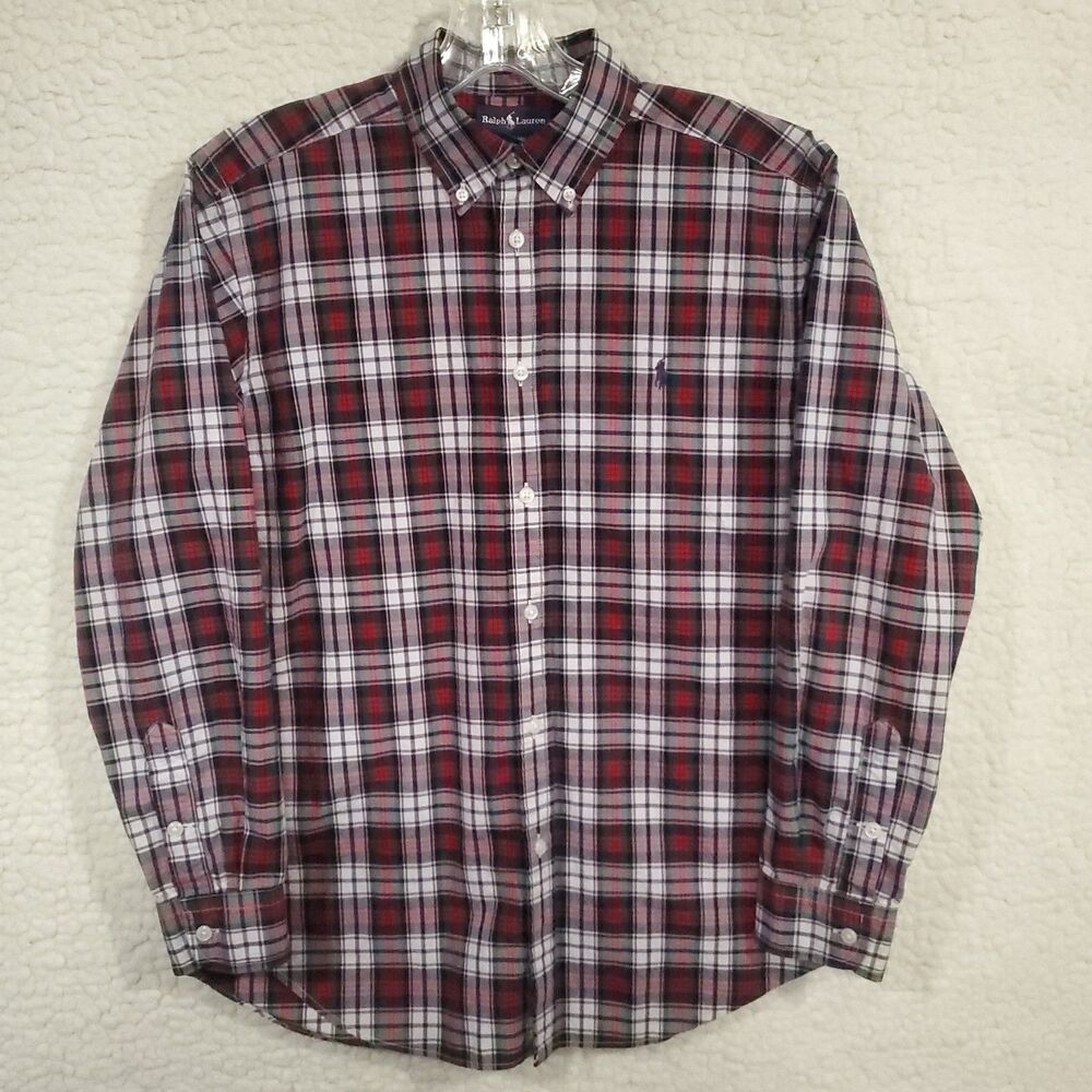 Ralph Lauren Shirt Men's Large (14-16) Red Blue Green White Plaid Cotton Button
